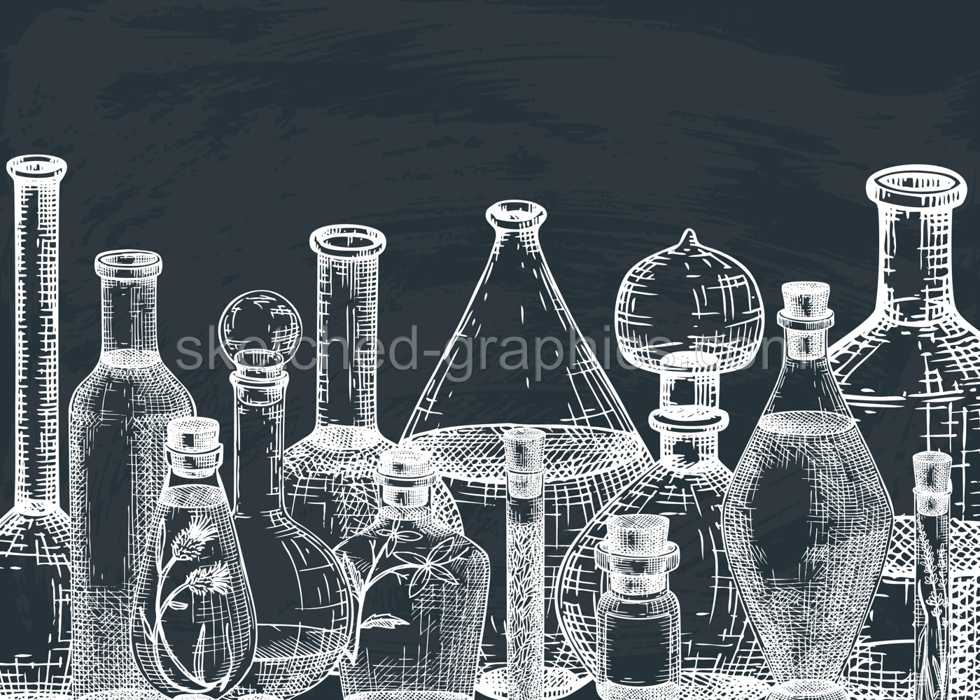 Hand-sketched glass equipment for perfumery and cosmetics making on chalkboard. Chemicals and alchemy glassware background. Perfume bottles, jars, flasks design in engraved style. Vintage drawing Illustration